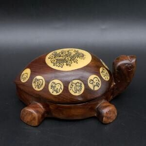 Vintage Chinese Zodiac Inlay Turtle Compass Hand Carved Wood Dragon